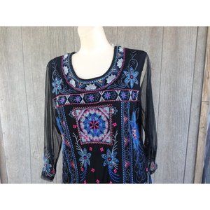 Stunning Heavily Embroidered Black Blue Pink Boho Lace Blouse M NWT Washable